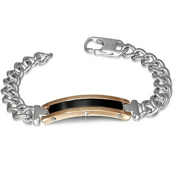 Stainless Steel Silver Black Rose Gold-Tone Mens Link Chain Bracelet with Clasp