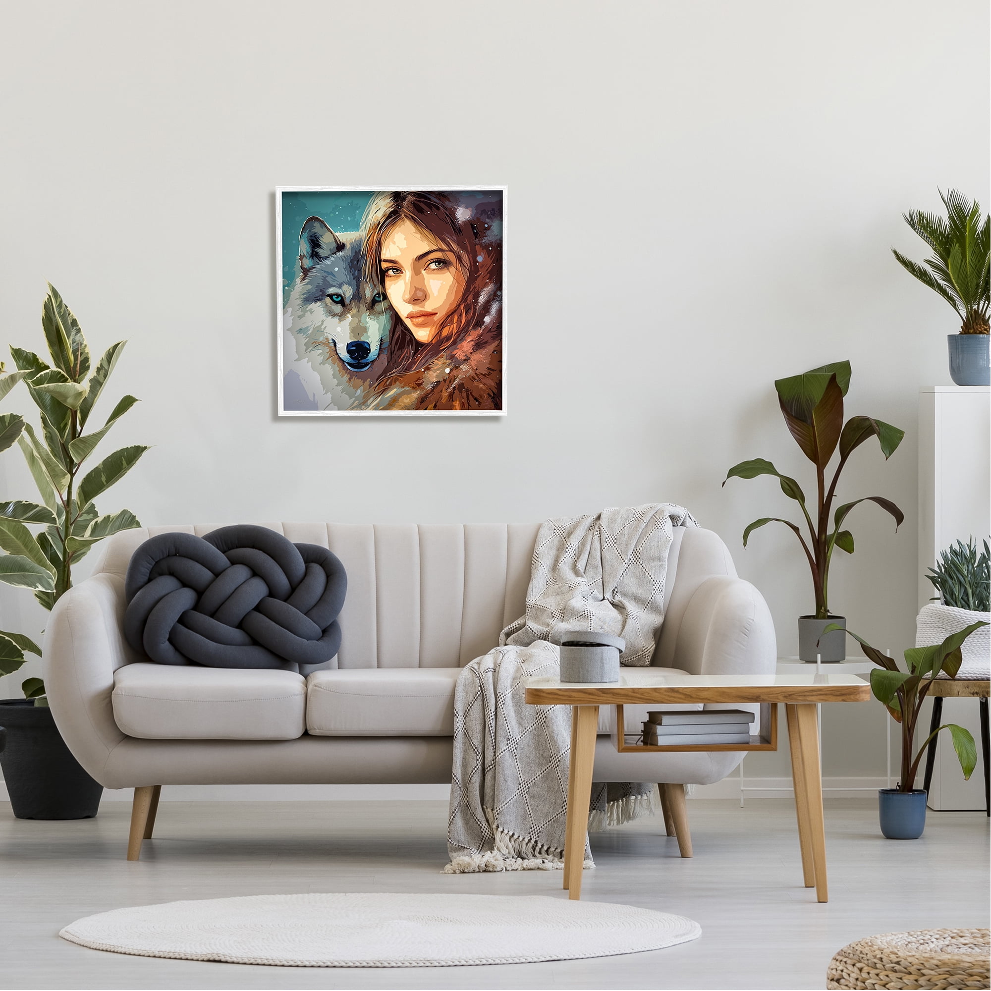 Stupell Industries Girl & Grey Wolf Portrait Animals & Insects Painting White Framed Art Print Wall Art, 24 x 24