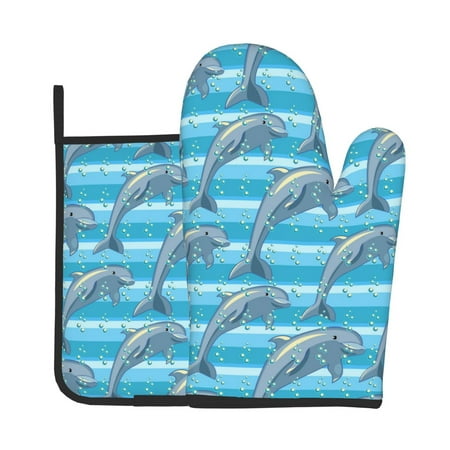 

Junzan Dolphin Pattern Oven Mitts and Pot Holders 2 pcs Set Potholders BBQ Gloves Long Kitchen Oven Glove for Cooking Baking Grilling (2-Piece Set 11 Inch)