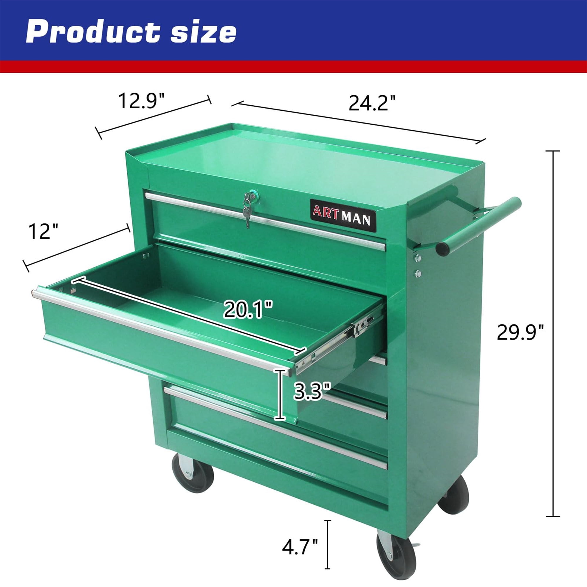 Aukfa Tool Chest, 5-Drawer Steel Rolling Tool Box on Wheels for Workshop Garage, Green