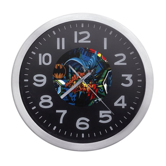 Wall Clock Home Decor or for a Patio/RV/Game Room 10" Round Silver Edge with a Black Face Featuring Your Choice of a Comic Superhero Themed Vinyl Decal - FREE Battery Included (Batman and Whaam)
