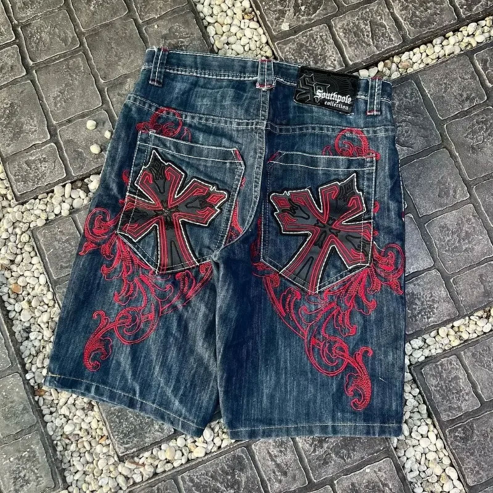 Casual denim short for men 2024 new gothic punk cross graphic
