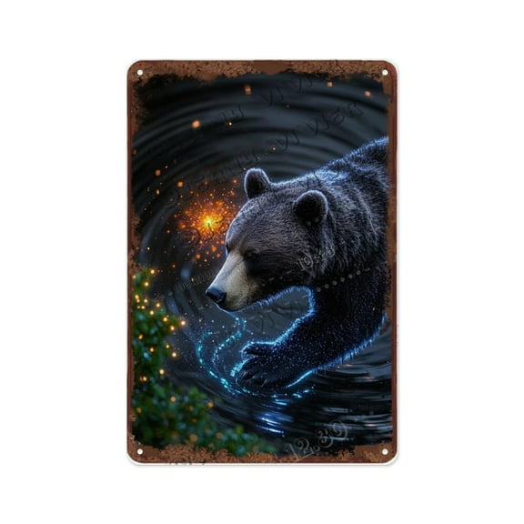 Vintage Bear Wall Art 12x16 Inch Rustic Metal Sign Black Background Decor for Forest Cabins, Camps, and Bars | Ideal Gift for Christmas or Housewarming Celebrations