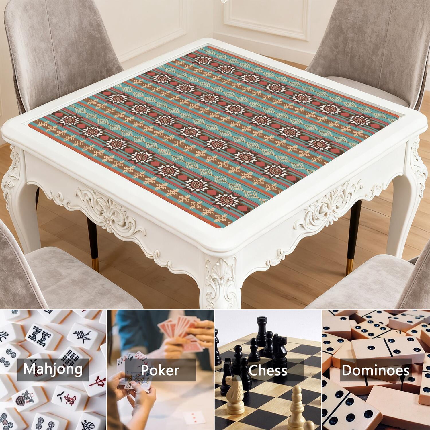 Traditional Boho Pattern Anti-Skid Rubber Table Topper 31.5x31.5 Inch Mahjong Playing Mat with Quiet Surface for Card Games Board Games and Game Nights