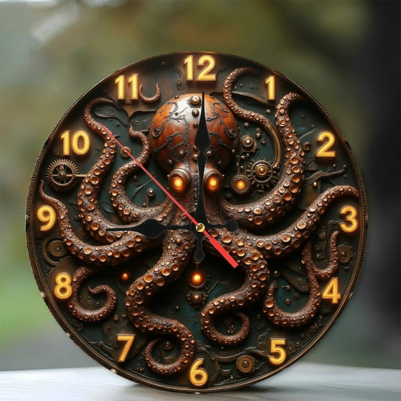 Steampunk Octopus Wall Clock Vintage Home Decor 10-Inch Silent Wooden Wall Clock, Battery Operated (AA Batteries Not Included), Artistic Home Decor