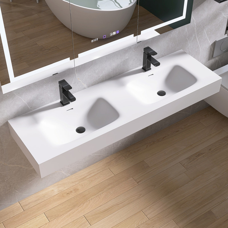 MEDUNJESS 59" Premium Wall Mounted Double Basins Sink Solid Surface Rectangular Bathroom Sink with Faucet Hole，Matte White