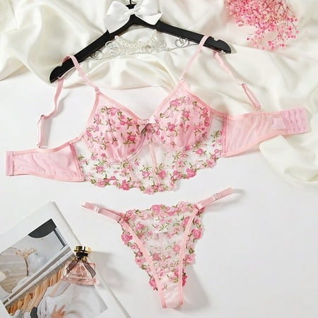 Women s Lingerie  See Through Lingerie  Women Lingerie Sexy Sets with Underwire Lace Bra and Panty Set Push Up Two Pieces Lingerie  Corsets Bodysuits Sheer Mesh Bustier  Pink(L)