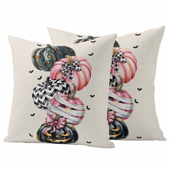 Halloween Pink Pumpkins Outdoor Waterproof Pillow Covers, Fall Evil Bat Vintage Decorative Square Throw Pillowcase Sofa Cushion Sham for Patio/Couch/Chair, 16"x16" 2 Pack