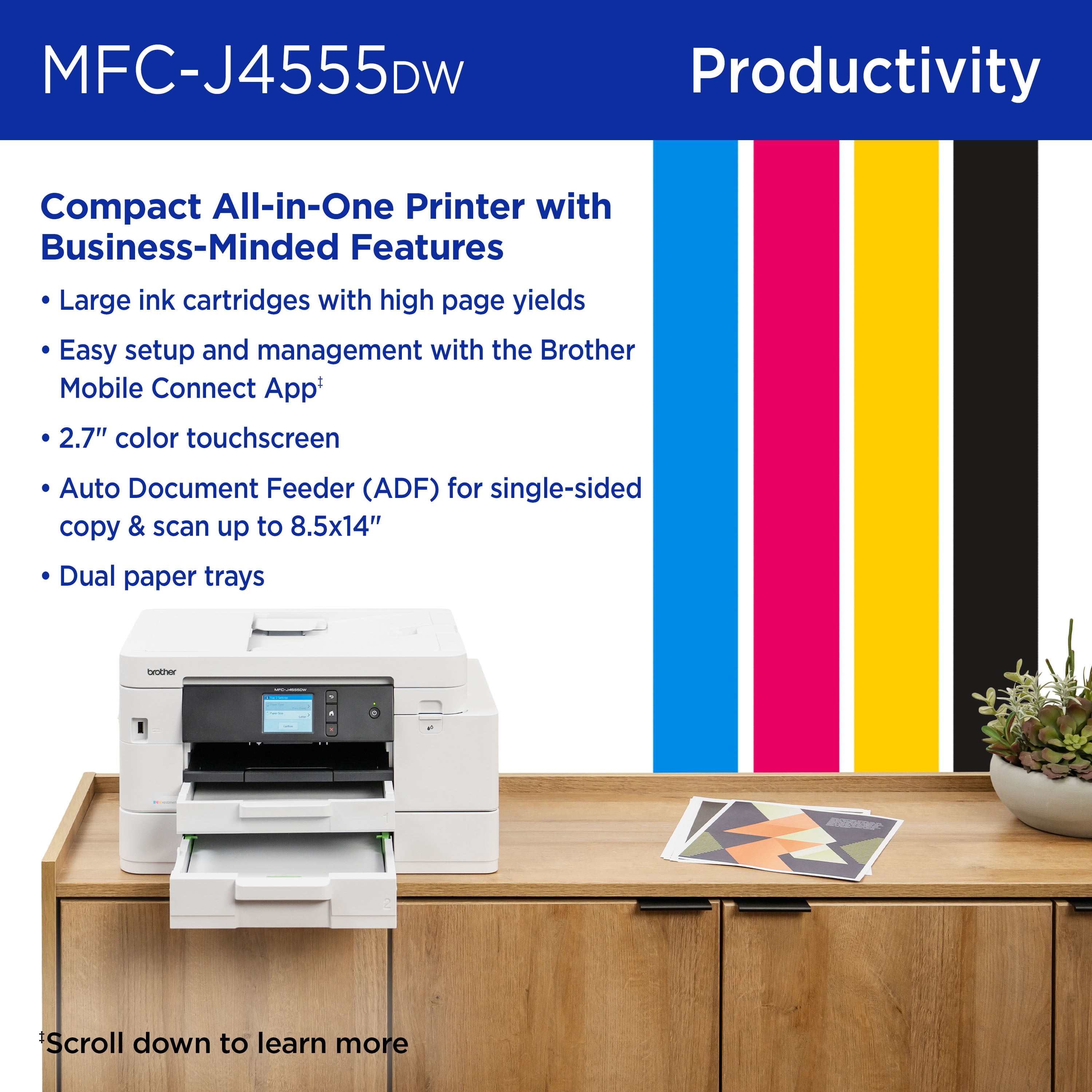 Brother INKvestment 4555 MFC-J4555DW Wireless Color Inkjet All-in-One Printer with 2.7” Color Touchscreen and 2 Paper Trays