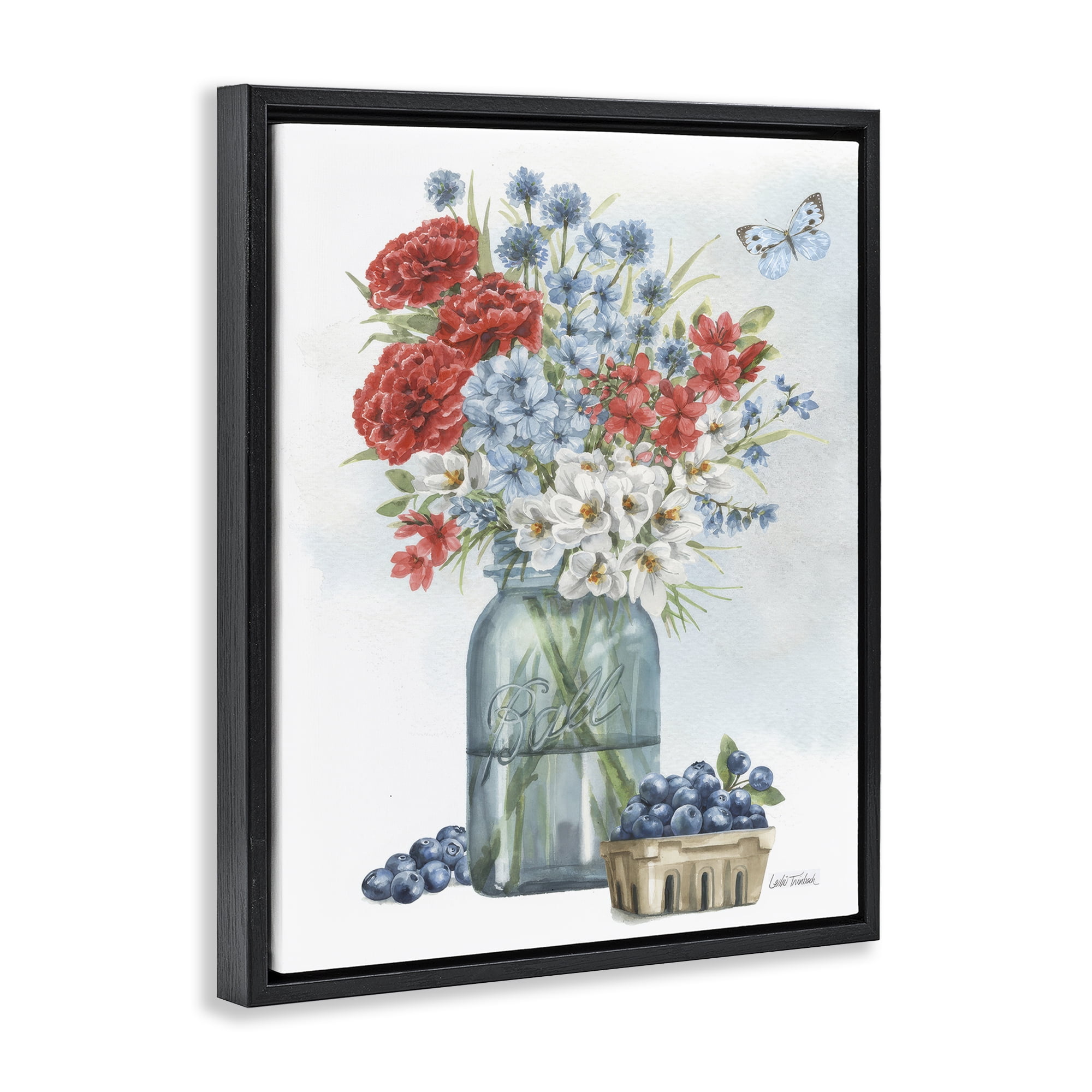 Stupell Industries Country Blossoms & Blueberries Plants & Flowers Painting Black Floater Framed Canvas Art Print Wall Art, 17 x 21