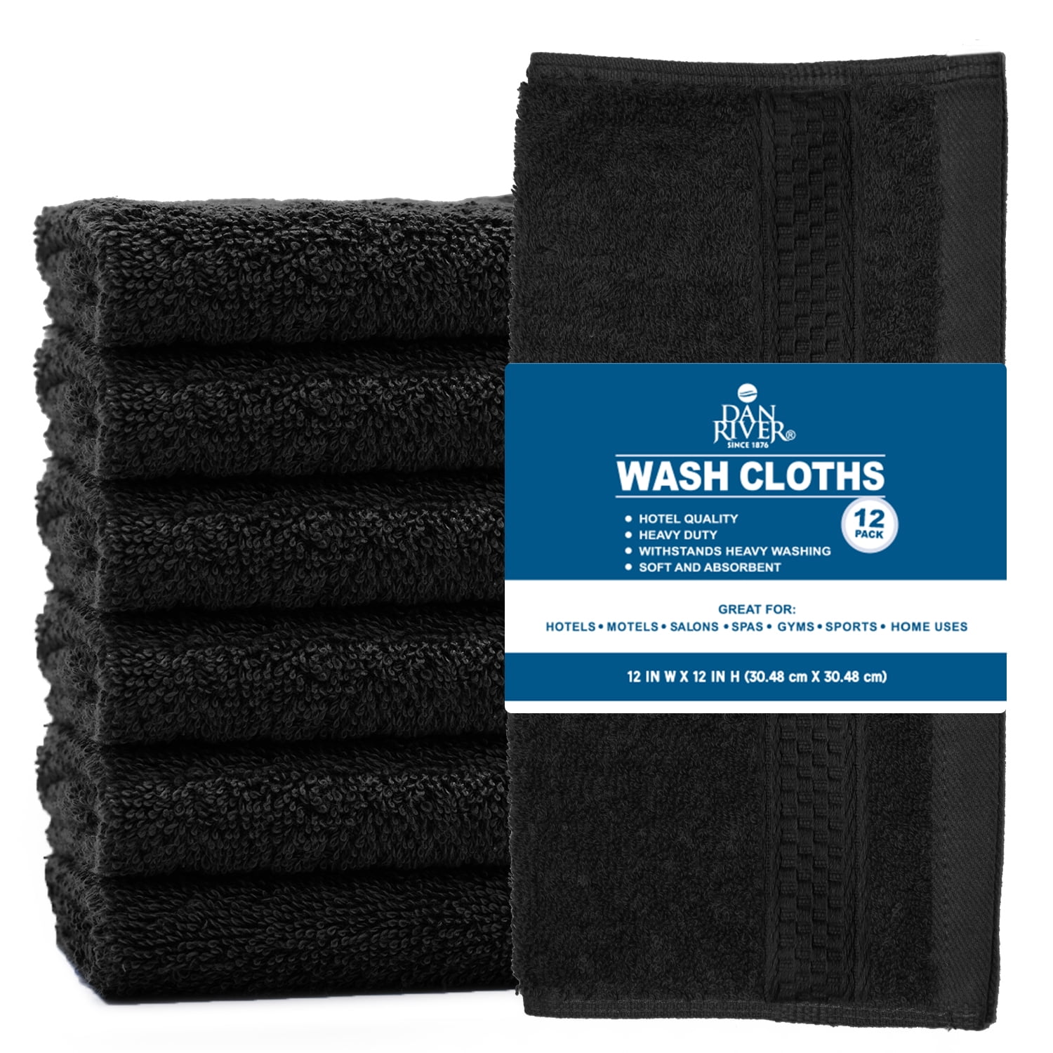 Dan River Washcloth for Face 12 pack Soft Absorbent and Quick Drying Durable Cotton Face Towel - Black