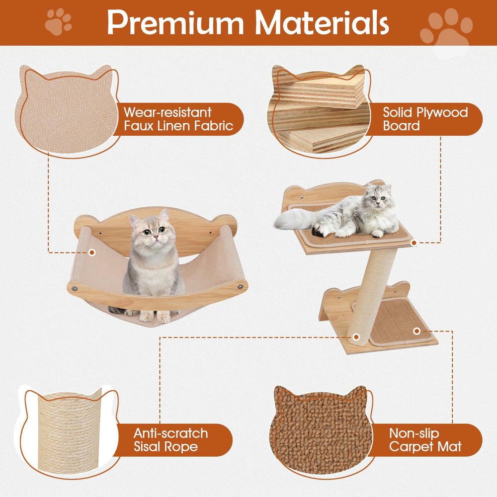 Resenkos Wall-Mounted Cat Furniture Set of 4 Pieces with Hammock and Steps, Natural