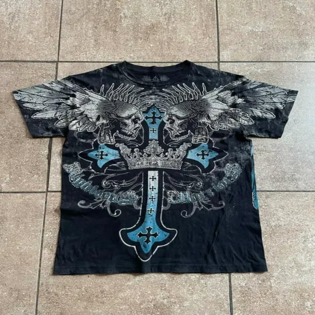 JUNWELL T-Shirt d'Été pour Femmes Col Rond Imprimé Vintage Manches Courtes Respirant Tendances Y2k Ajusté