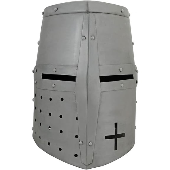 SZCO Crusader Knight Helmet, 18 Gauge Carbon Steel Medieval Replica, Full Size Silver Finish Armor with Inner Lining and Chin Strap for Reenactment & Display