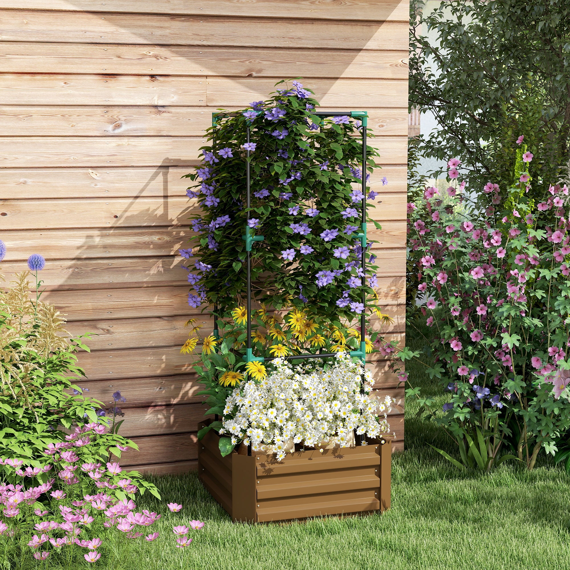 Homiyad Galvanized Planter Box, 24" x 24" x 11.75" Raised Garden Bed with Tomato Cage for Climbing Vines, Brown