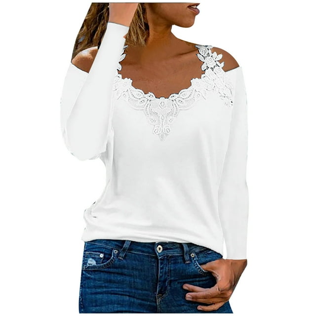 Pompotops Mode Blouse Décontractée à Manches Longues en Dentelle Col en V pour Femmes en Solde
