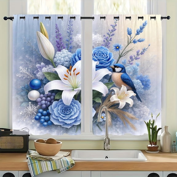 WNOOHIY Blue Floral Bird Print Grommet Blackout Curtains, Thermal Insulated Noise‑Reducing Room Darkening Curtain Drapes for Bedroom Living Room, 2Pcs