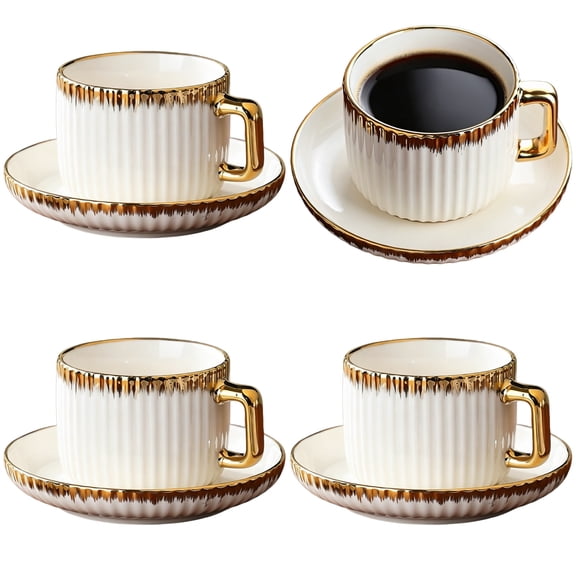 Cappuccino Cups with Saucers, 4 Pcs Ceramic Coffee Cup and Saucer Set, White Ribbed Espresso Mugs with Golden Rim and Handle, Elegant Tea Mugs Set for Milk, Hot Chocolate