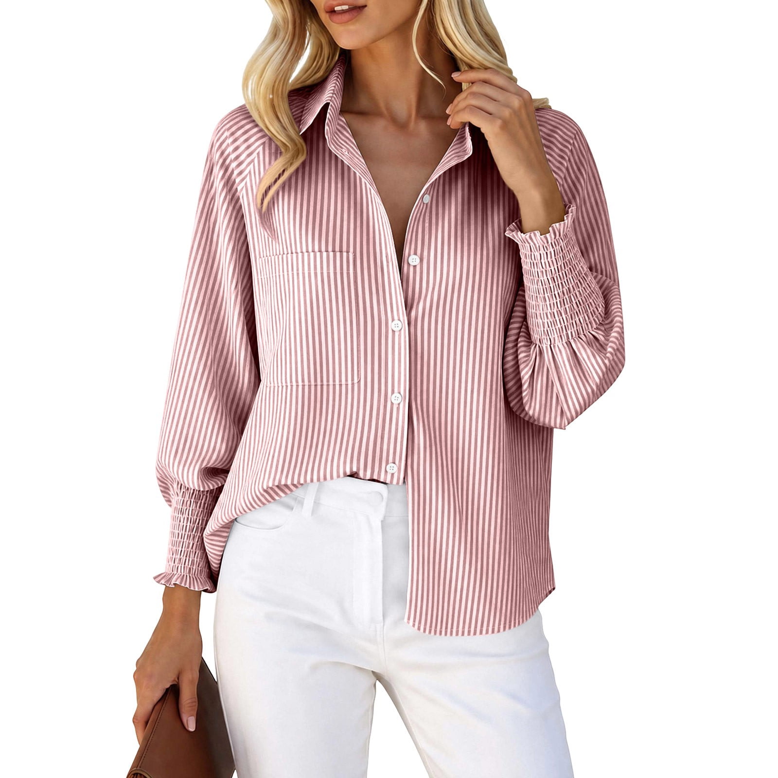 Women's Striped Button Up Shirts with Smocked Long Sleeve Lapel Collar Loose Fit Dressy Casual Trendy Blouses (XL, Pink)