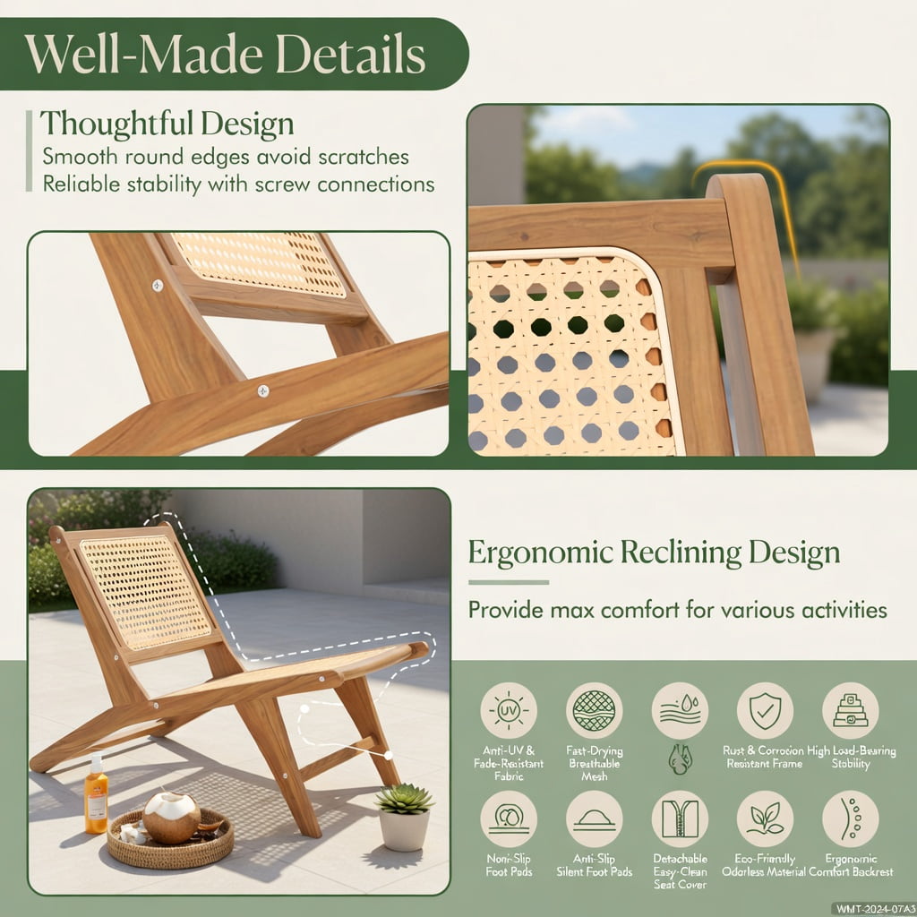 Hommoo Teak Wood Dining Chair with Handwoven Rattan Seat & Backrest, Indoor Accent Chair for Living Room, Kitchen & Bedroom, Natural