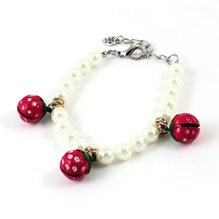 Accented Clasp - Lobster Clasp Red Bell Accent Off White Faux Pearl Linked Pet Dog Necklace S