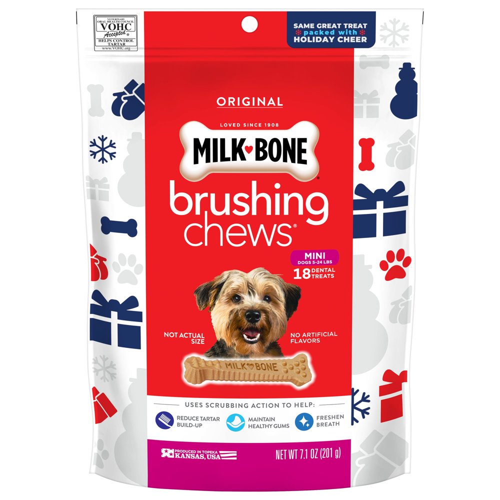 MilkBone Brushing Chews Daily Dental Dog Treats, Mini, 7.1 Ounces, 18