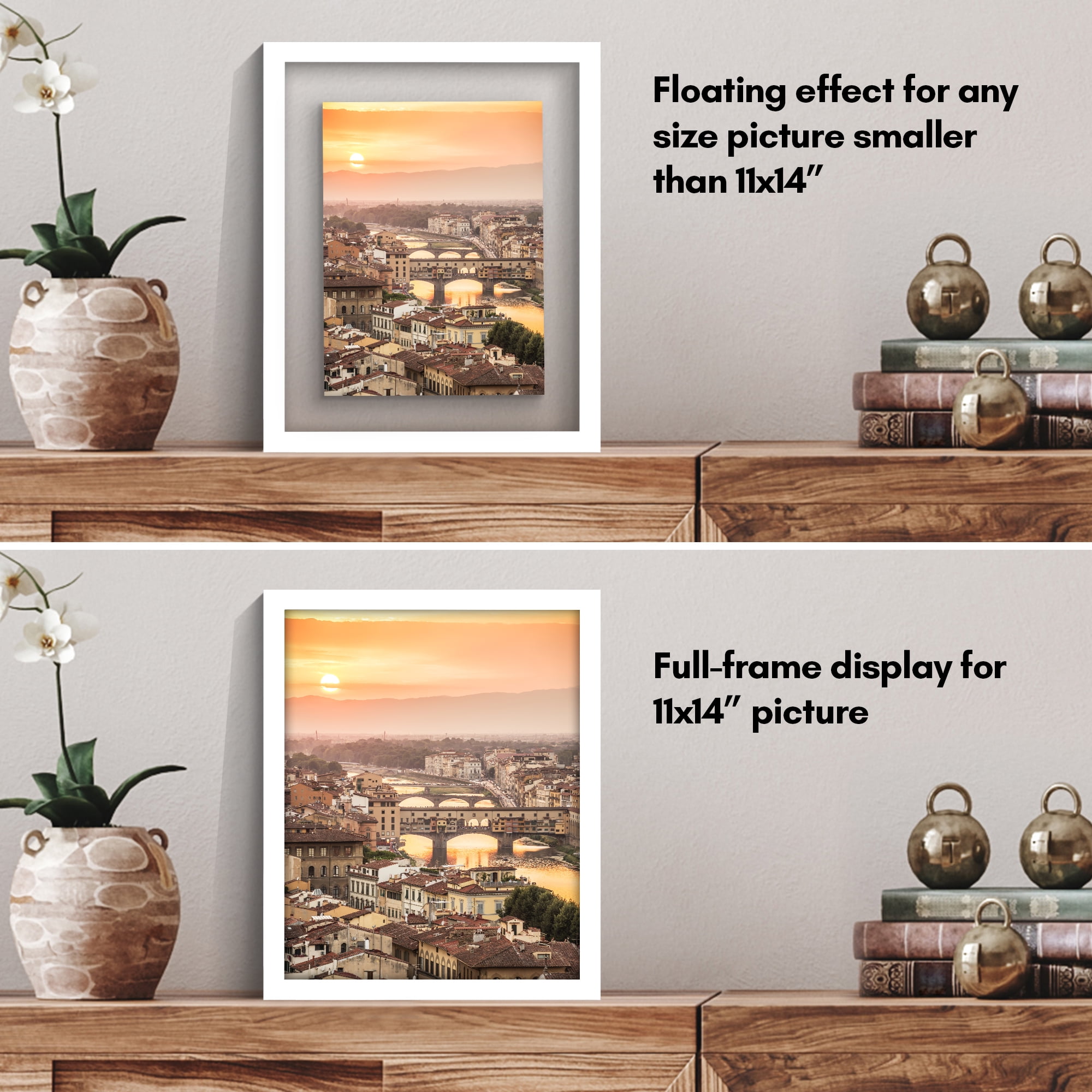 Americanflat 11x14 Picture Frame Floating Polished Crystal Clear Glass Display Photo Signature Float - White