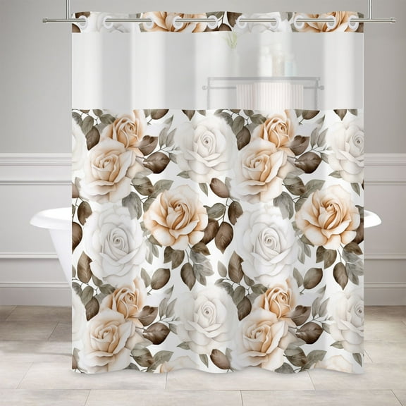 MIZHONA Vintage Rose Floral No Hook Shower Curtain with Snap in Liner, Fabric Bath Curtain,71"× 74"