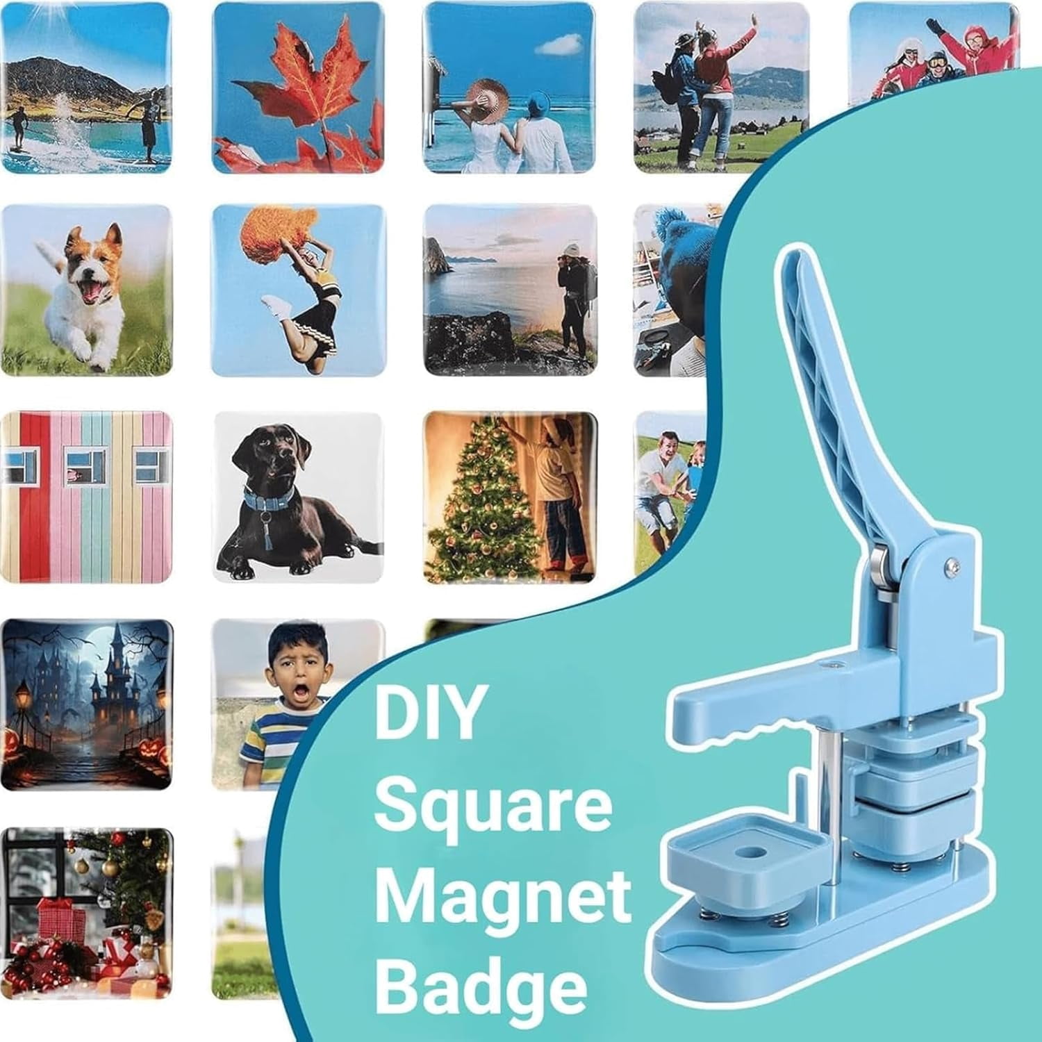 (PINK)Fridge Magnet Maker Machine, 50mm Square Photo Magnet Button Maker Kit, DIY Square Fridge Magnet Badge Button with 100 Set Square Magnet Button Making Supplies, for Souvenir, Activity Badge