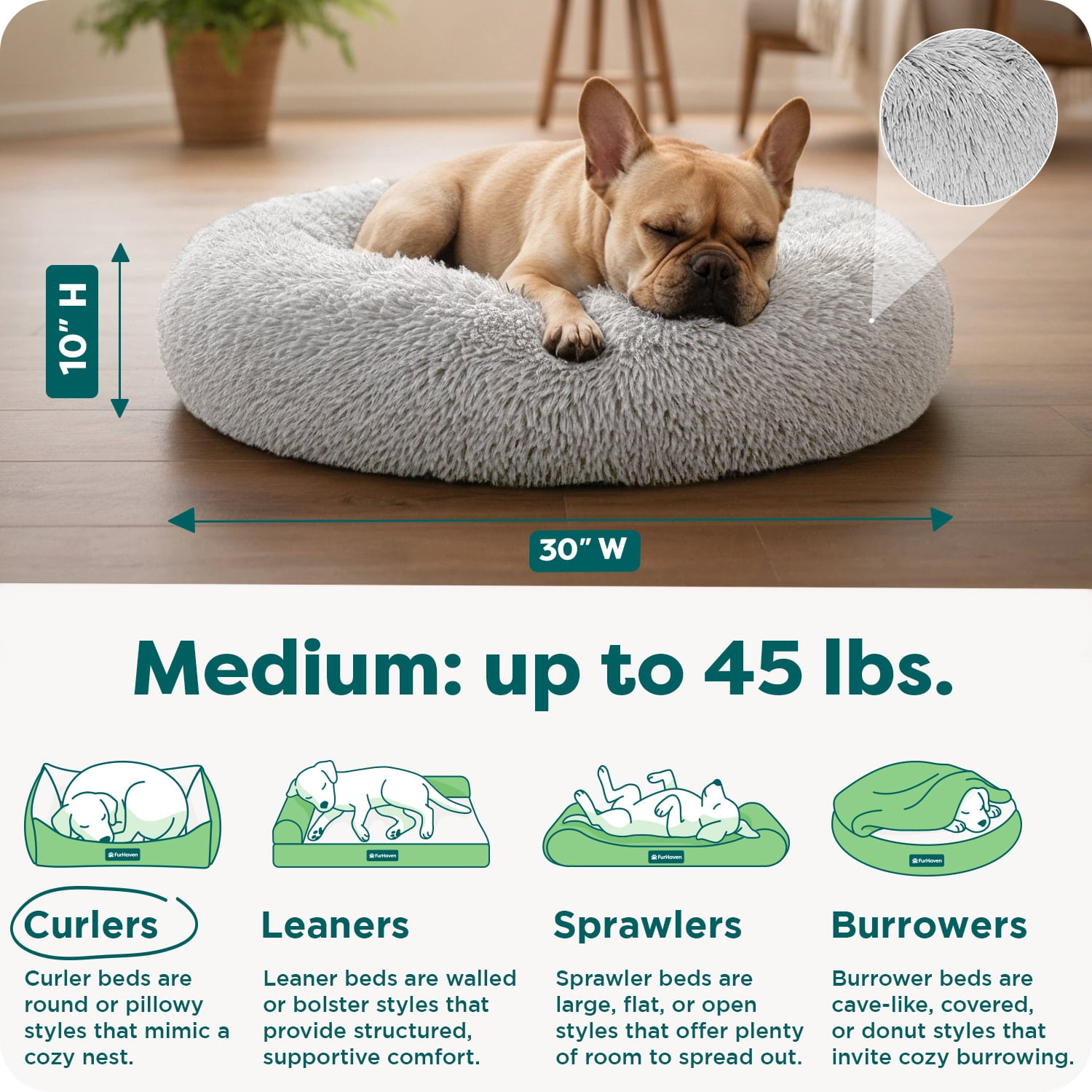 FurHaven Calming Donut Dog Bed for Medium Dogs, Round Plush Donut with Soft Filling for Snuggling Comfort, Removable Washable Cover, Medium, Shaggy Faux Fur, Mist Gray