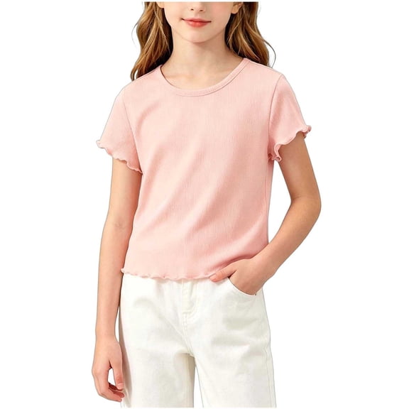 Gytharion Girls Summer Short Sleeve Shirts Soild Color Crew Neck T-shirts Kids Fashion Casual Tops,1Y-12Y