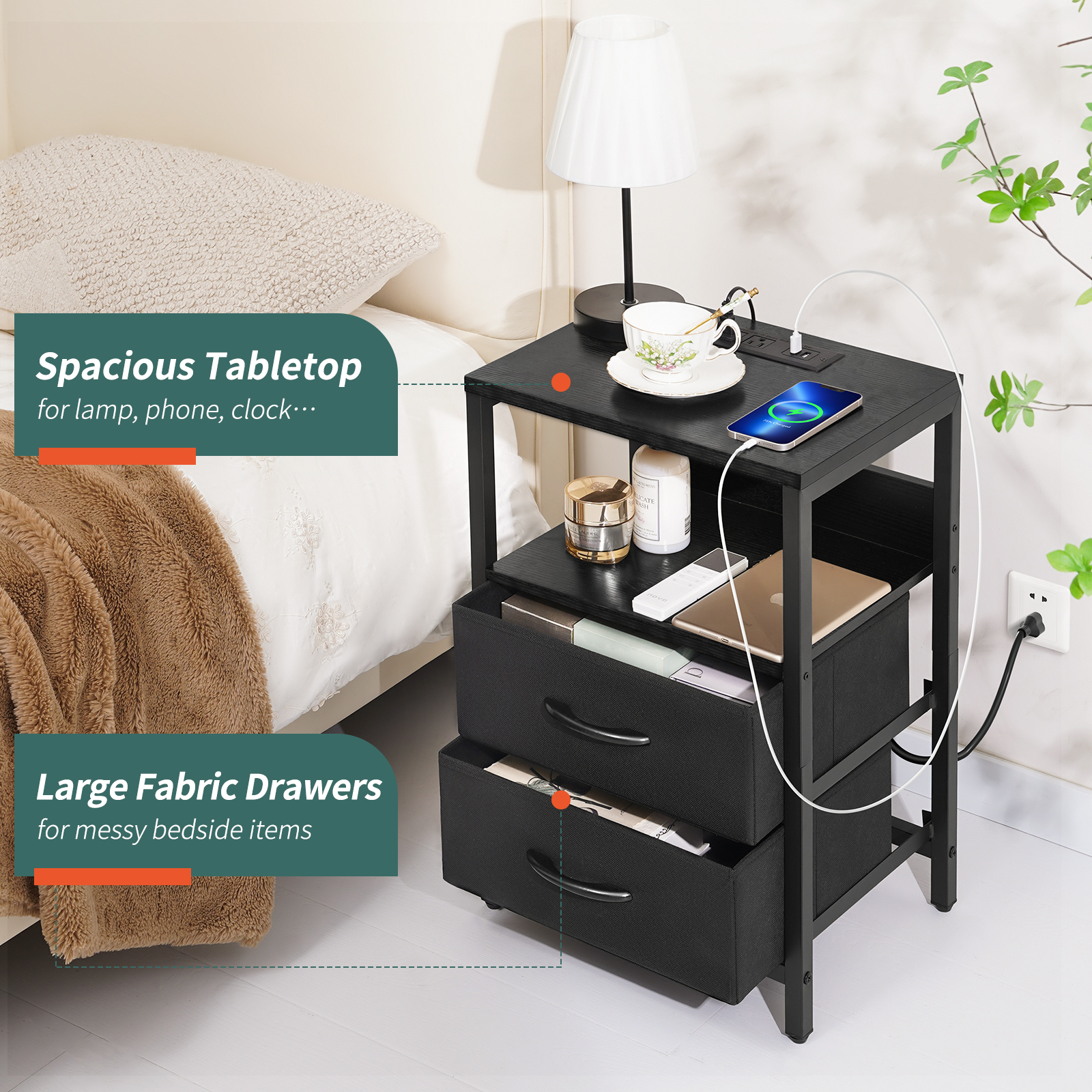 Yoobure Nightstand with LED Charging Station, Black photo 8