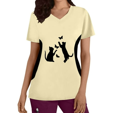 

Women Cats Printed Scrubs Top Plus Size Top V-Neck Short Sleeve Working Uniform Nurses Clothing Workwear Blouse Leisure Streetwear