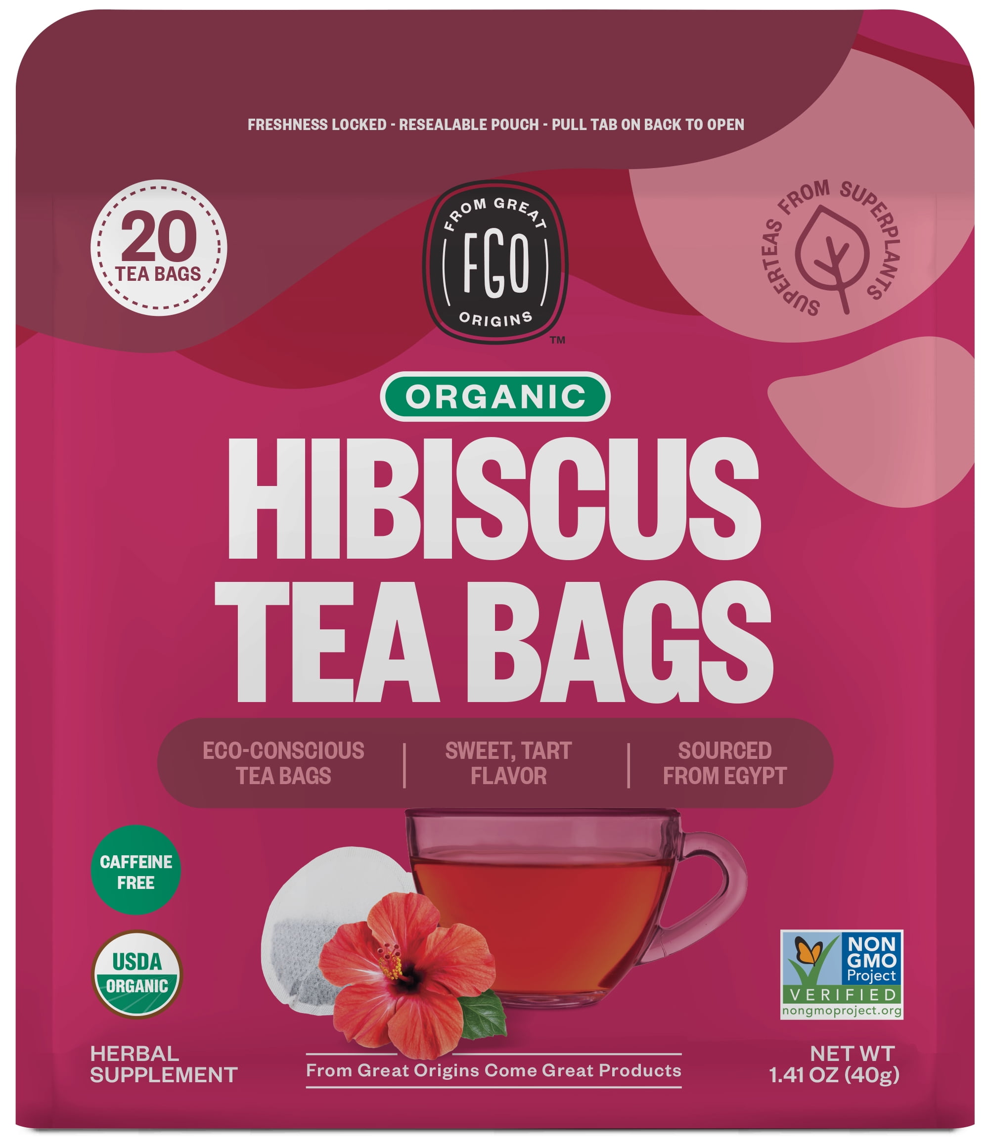 FGO From Great Origins, Hibiscus Herbal Tea, Organic Tea Bags, 20 Count