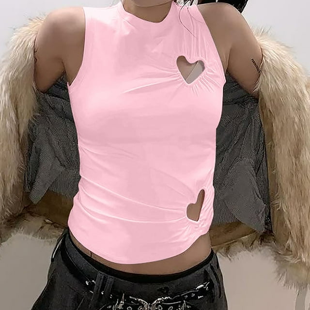 Heisall Womens Tops Spring Summer Solid Color Round Neck Irregular Pleats Waist-Cinching Heart Cutout 2025 New Arrival Fashion