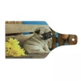 thumbnail image 1 of Pug Cutting Board, Puppy Photography with Sad Dog and Wildflowers on a Park Bench, Decorative Tempered Glass Cutting and Serving Board, Wine Bottle Shape, Pale Brown Yellow Blue, by Ambesonne, 1 of 1