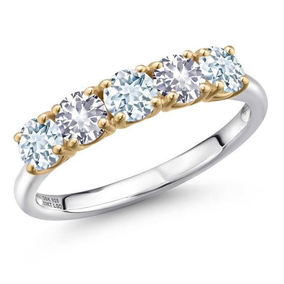 Gem Stone King 925 Silver and 10K Yellow Gold Sky Blue Aquamarine and White Created Sapphire Wedding-Bands Ring for Women | 1.25 Cttw | Round 4MM | Gemstone March Birthstone | Size 8