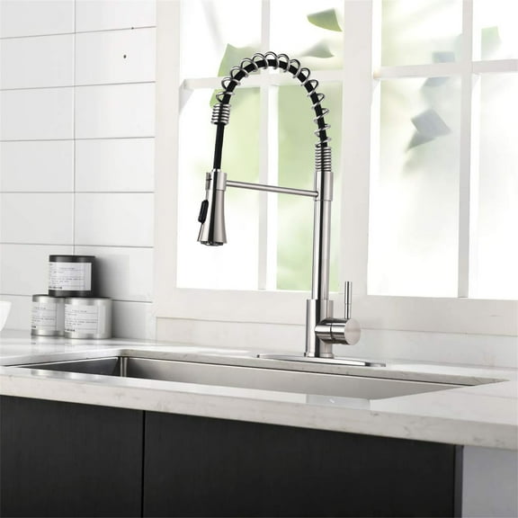 Cfowner Kitchen Faucet with Deck Plate Brushed Nickel, High Arc Single Handle Sink Faucet, Commercial Faucet for Bar Laundry