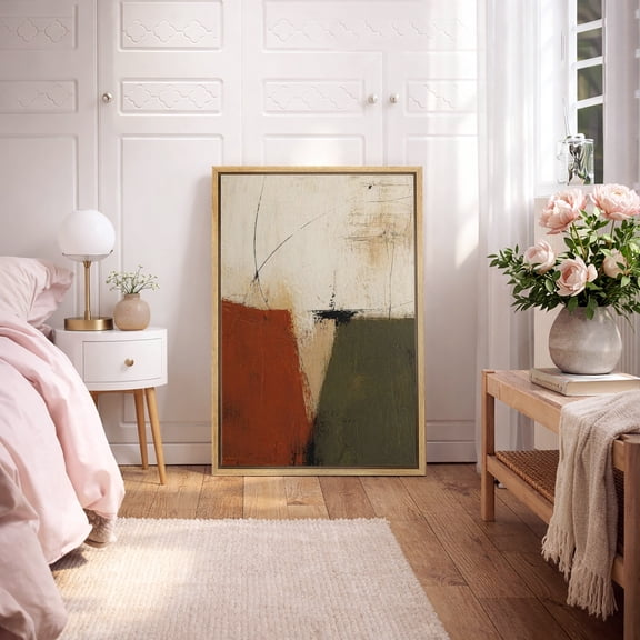 Framed Canvas Print Wall Art Abstract Red and Green Blocks Print Minimalist Contemporary Artwork For Living Room Decor - 16"x24" NATURAL