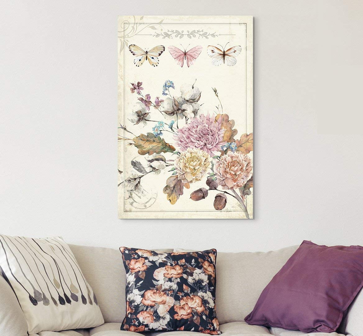 wall26 Canvas Wall Art - Vintage Style Colorful Flowers Butterflies ...