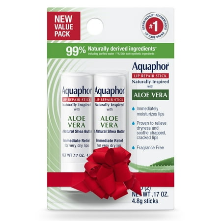 Aquaphor Naturally Inspired Lip Repair Balm Stick with Aloe Vera, Holiday Gifts, 0.17 oz, 2 Pack
