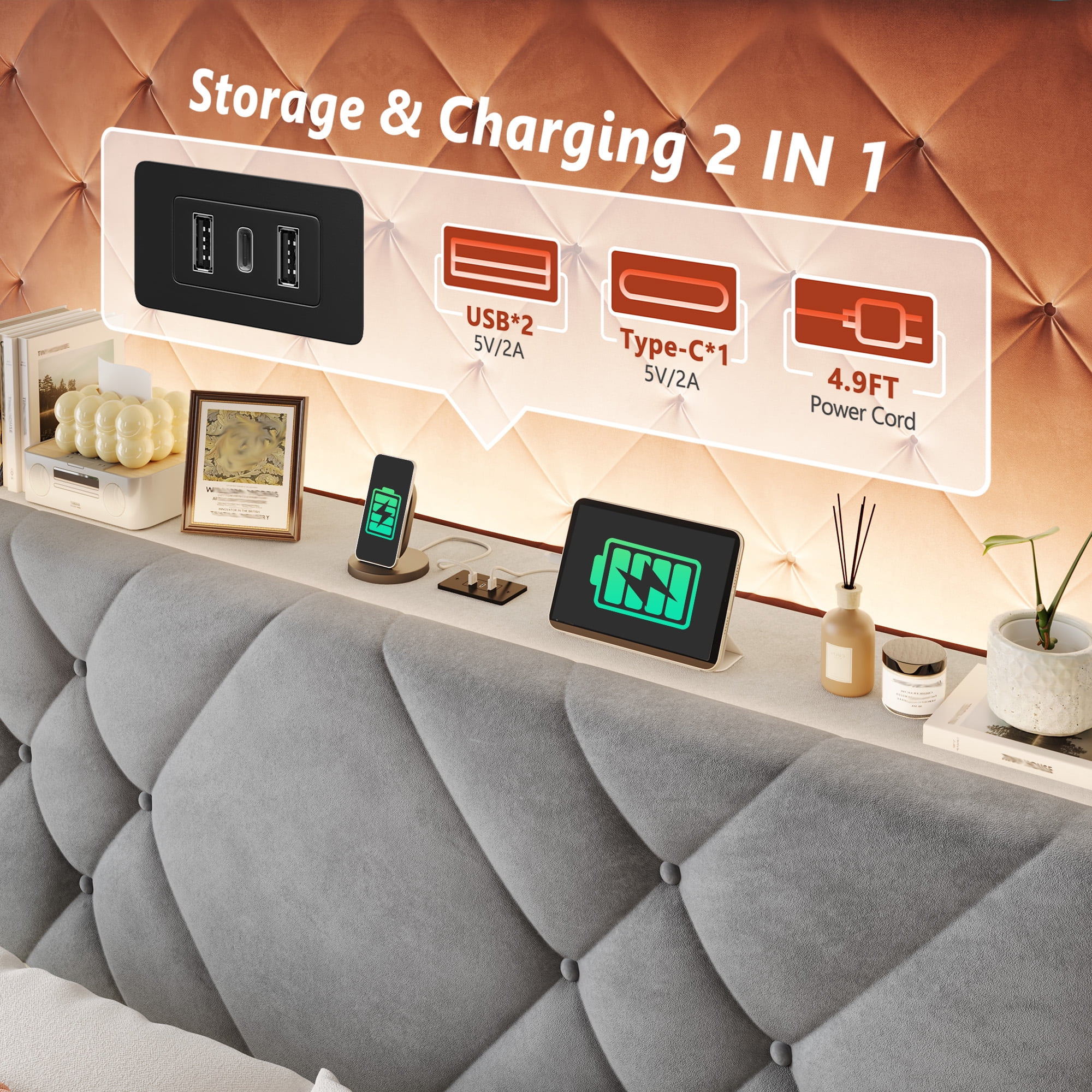 EnHomee Full Size Bed Frame with 2 Drawers &  Storage Platform Upholstered Bed Frame  with Headboard & LED Lights & Charge Station, Gray