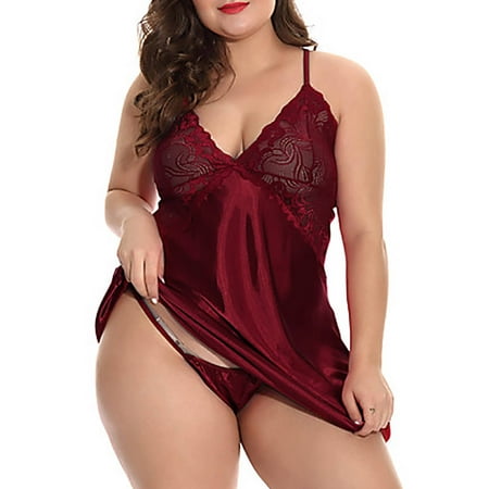 

Julymona Women s Sleepwear Sexy Lace Babydoll Nightdress with Thongs Lingerie Underwear Plus Size L-5XL