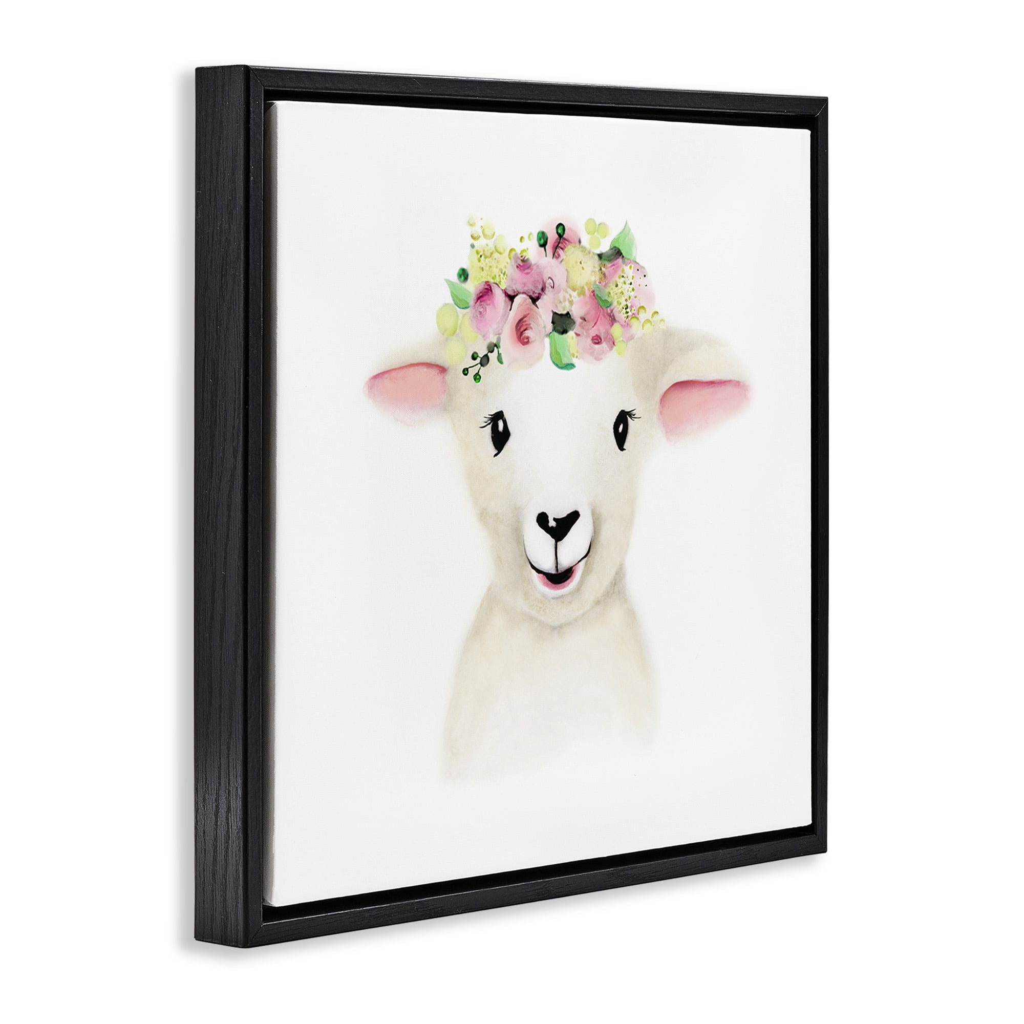 Stupell Industries Baby Lamb Sheep Flower Crown Art for Kids Painting Black Floater Framed Canvas Art Print Wall Art, 25 x 25