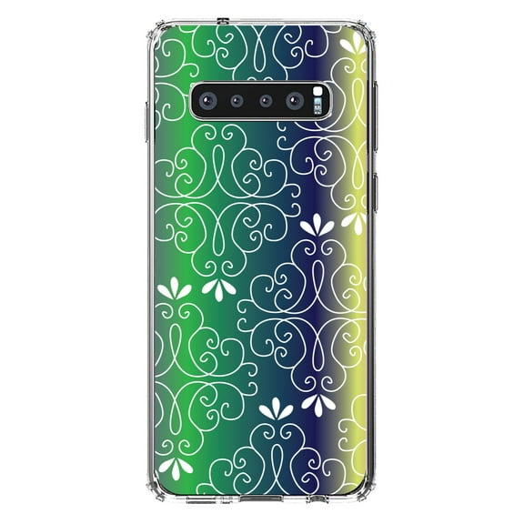 DistinctInk Clear Shockproof Hybrid Case for Samsung Galaxy S10 (6.1" Screen) - TPU Bumper, Acrylic Back, Tempered Glass Screen Protector - Purple Green Blue Yellow Pink Gradient
