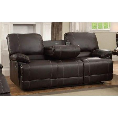 Drop Down Center - Leather Double Reclining Sofa With Drop Down Cup Holders, Dark Brown