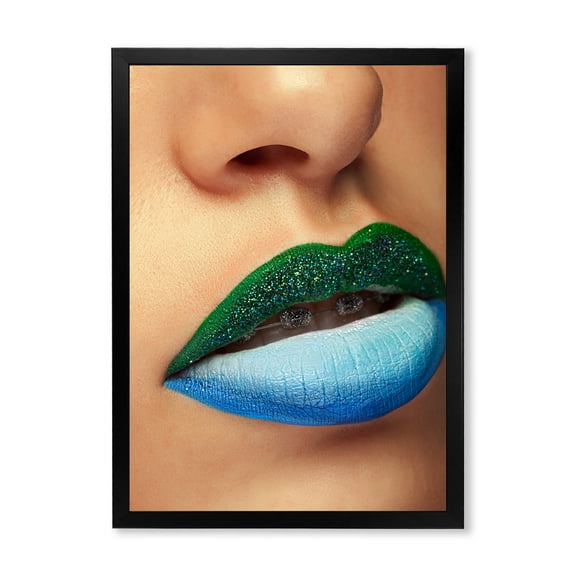 Designart 'Close Up Woman Lips With Fashion Make Up and Brackets' Modern Framed Art Print