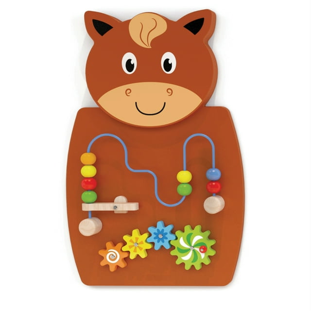 Learning Advantage Wire Beads & Gears Activity Wall Panel, Horse. A multicolour wooden horse-shaped wall panel featuring a wire bead maze with vibrant beads, a launch lever, and a four-cog system. Designed for toddlers aged 18 months and older, this activity panel promotes motor skills, collaborative play, and early math learning. Constructed with MDF, it includes fixing holes and screws for easy wall mounting. Dimensions: 22.3 inches long, 14.8 inches wide, with a maximum depth of 2 inches.