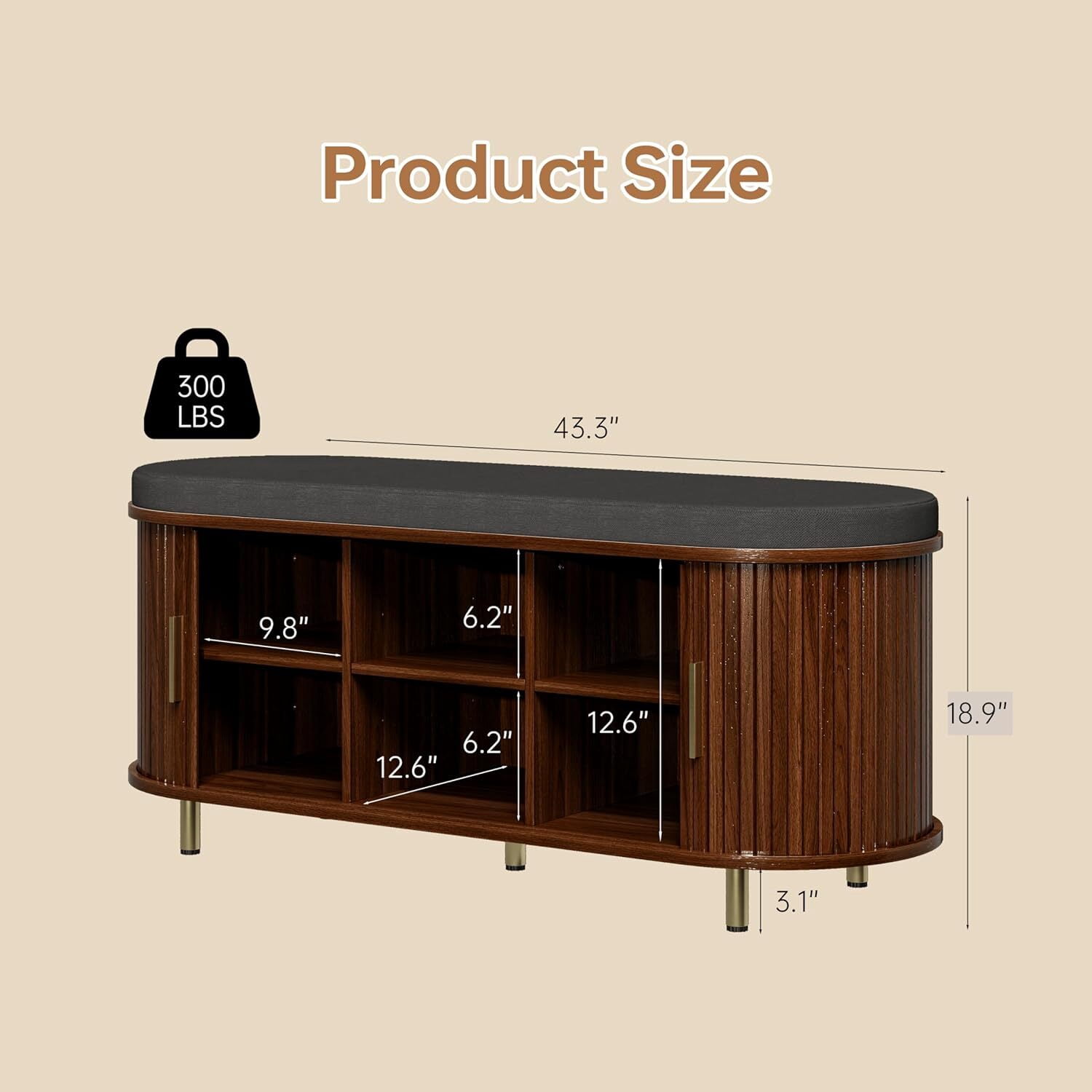 avobird 43.3" 2-Tier Storage Bench,Wide Shoe Bench with Thickened Padded Seat Cushion, Mid Century Modern Fluted Sliding Door and Adjustable Shelf, for Entryway,Bedroom walnut