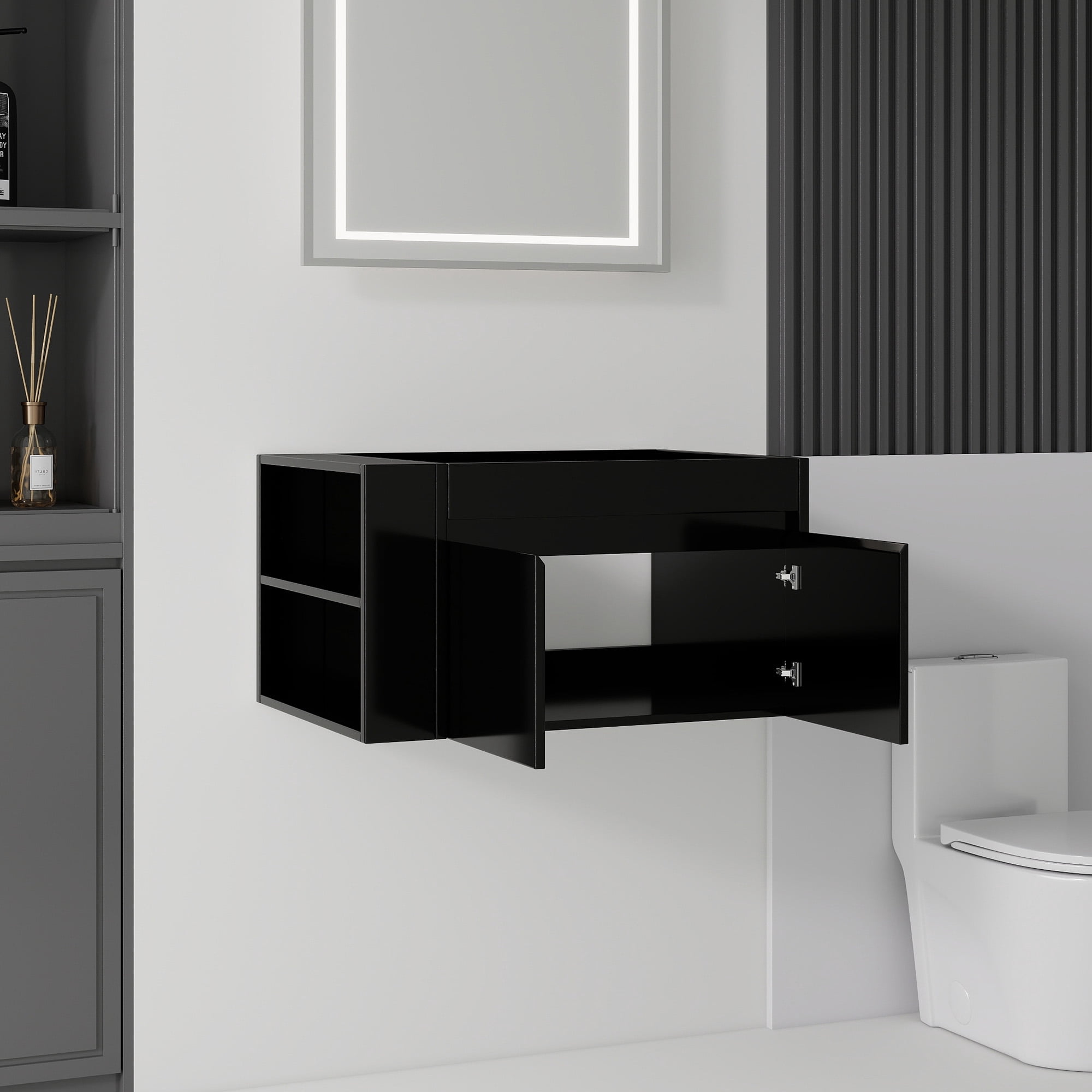 Leumius 30" Floating Bathroom Vanity Cabinet with Open Side Storage Compartment,Soft-Close Double Doors,Wall Mounted Bathroom Cabinet for Small Space,Cabinet Only,Black